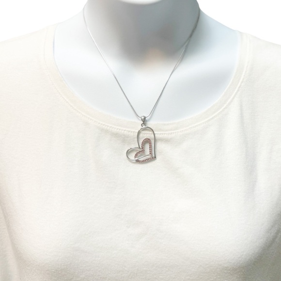 Silver Heart Pendant Necklace w/ Pink Crystal Accents | Romantic Gift - Picture 4 of 4